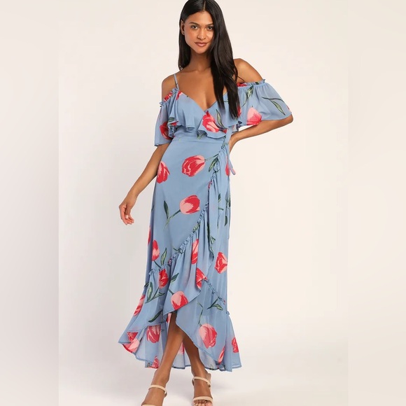 Petal Paradise Blue Floral Print Cold-Shoulder Wrap Maxi Dress - Picture 1 of 2